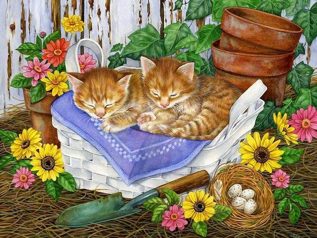 Easter Kittens Illustration by Jane Maday - Adorable kittens sleeping on a Easter basket in sunny springtime day, painted by Jane Maday. Jane Maday was born in a small fishing village in England in 1965. Her family immigrated to the United States when she was a young child.<br />
Jane Maday began her career at 14 years of age, as a scientific illustrator for the University of Florida. After receiving a Bachelor's degree from the Ringling College of Art and Design, she was recruited by Hallmark Cards, Inc, as a greeting card illustrator. - , Easter, kittens, kitten, illustration, illustrations, Jane, Maday, cartoon, cartoons, art, arts, adorable, basket, basket, sunny, springtime, day, days, fishing, village, villages, England, family, USA, young, child, children, career, scientific, illustrator, University, Florida, bachelor, degree, Ringling, College, Design, Hallmark, Cards, Inc, greeting, card, cards - Adorable kittens sleeping on a Easter basket in sunny springtime day, painted by Jane Maday. Jane Maday was born in a small fishing village in England in 1965. Her family immigrated to the United States when she was a young child.<br />
Jane Maday began her career at 14 years of age, as a scientific illustrator for the University of Florida. After receiving a Bachelor's degree from the Ringling College of Art and Design, she was recruited by Hallmark Cards, Inc, as a greeting card illustrator. Lösen Sie kostenlose Easter Kittens Illustration by Jane Maday Online Puzzle Spiele oder senden Sie Easter Kittens Illustration by Jane Maday Puzzle Spiel Gruß ecards  from puzzles-games.eu.. Easter Kittens Illustration by Jane Maday puzzle, Rätsel, puzzles, Puzzle Spiele, puzzles-games.eu, puzzle games, Online Puzzle Spiele, kostenlose Puzzle Spiele, kostenlose Online Puzzle Spiele, Easter Kittens Illustration by Jane Maday kostenlose Puzzle Spiel, Easter Kittens Illustration by Jane Maday Online Puzzle Spiel, jigsaw puzzles, Easter Kittens Illustration by Jane Maday jigsaw puzzle, jigsaw puzzle games, jigsaw puzzles games, Easter Kittens Illustration by Jane Maday Puzzle Spiel ecard, Puzzles Spiele ecards, Easter Kittens Illustration by Jane Maday Puzzle Spiel Gruß ecards