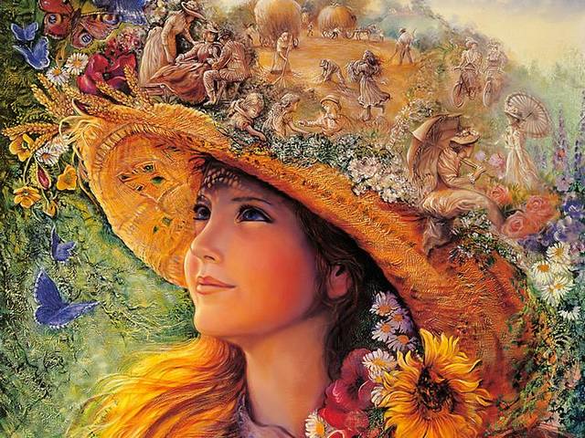 Bygone Summers by Josephine Wall - 'Bygone Summers' is an amazing fantasy painting by Josephine Wall, a spontaneous surrealistic attempt to blur the line between dream and reality. This painting depicts a beautiful girl with blonde hair who enjoys the sun on midsummer day, relaxing under a shadow of large straw hat, surrounded by vibrant summer flowers and butterflies. On the top of the hat, the straw is transformed into a cornfield with wonderful cascade of little scenes from the idyllic rural life during the haying season. - , bygone, summers, summer, Josephine, Wall, art, arts, amazing, fantasy, painting, paintings, spontaneous, surrealistic, attempt, attempts, line, lines, dream, dreams, reality, beautiful, girl, girls, blonde, hair, hairs, sun, midsummer, day, days, shadow, shadows, large, straw, hat, hats, vibrant, summer, flowers, flower, butterflies, butterfly, top, tops, cornfield, wonderful, cascade, scenes, scene, idyllic, rural, life, haying, season, seasons - 'Bygone Summers' is an amazing fantasy painting by Josephine Wall, a spontaneous surrealistic attempt to blur the line between dream and reality. This painting depicts a beautiful girl with blonde hair who enjoys the sun on midsummer day, relaxing under a shadow of large straw hat, surrounded by vibrant summer flowers and butterflies. On the top of the hat, the straw is transformed into a cornfield with wonderful cascade of little scenes from the idyllic rural life during the haying season. Подреждайте безплатни онлайн Bygone Summers by Josephine Wall пъзел игри или изпратете Bygone Summers by Josephine Wall пъзел игра поздравителна картичка  от puzzles-games.eu.. Bygone Summers by Josephine Wall пъзел, пъзели, пъзели игри, puzzles-games.eu, пъзел игри, online пъзел игри, free пъзел игри, free online пъзел игри, Bygone Summers by Josephine Wall free пъзел игра, Bygone Summers by Josephine Wall online пъзел игра, jigsaw puzzles, Bygone Summers by Josephine Wall jigsaw puzzle, jigsaw puzzle games, jigsaw puzzles games, Bygone Summers by Josephine Wall пъзел игра картичка, пъзели игри картички, Bygone Summers by Josephine Wall пъзел игра поздравителна картичка
