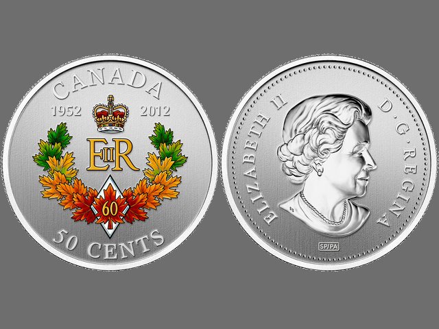 Diamond Jubilee of Queen Elizabeth II Coin with Emblem for Canada - Larger silver-plated 50-Cent coin with a stained Diamond Jubilee emblem, composed from the Queen's monogram (EIIR) below St. Edward's crown, flanked by the years 1952 and 2012, in cradle from maple leaves and a diamond with single red maple leaf and the numeral 