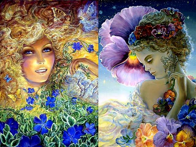 Periwinkle and Pansy by Josephine Wall - In the magnificent artworks by the famous English artist Josephine Wall, flowers have special role and are associated with goddesses, as an expression of theirs divine souls. According the Victorian Language of Flowers, each flower was used to express thoughts and symbols, associated with abstract concepts such as dignity, loyalty and human relationship. <br />
Periwinkle (Vinca major) is an evergreen plant with tiny, blue blossoms in shape of star and emerald leaves, which blooms periodically in cascading shapes from early spring till first frost. It is equated with pleasant memories and friendship. Usually, given in bouquet before a journey, is an expression of hope that everyone will remember fondly about the good times.<br />
Pansy (Viola tricolor) with its bright, sunny and sweet blossoms, is a symbol of thoughtfulness and love, togetherness and union. The beautiful pansies are perfect flowers when we want to retain fond memories about loved ones, who have left this world. - , periwinkle, pansy, pansies, Josephine, Wall, art, arts, magnificent, artworks, famous, English, artist, artists, flowers, flower, special, role, goddesses, goddess, expression, divine, souls, soul, Victorian, language, languages, thoughts, thought, symbols, symbol, abstract, concepts, concept, dignity, loyalty, human, relationship, Vinca, major, evergreen, plant, tiny, blue, blossoms, blossom, shape, star, stars, emerald, leaves, leaf, cascading, early, spring, first, frost, pleasant, memories, memory, friendship, bouquet, bouquets, journey, expression, hope, fondly, good, times, Viola, tricolor, bright, sunny, sweet, thoughtfulness, love, togetherness, union, beautiful, perfect, fond, world - In the magnificent artworks by the famous English artist Josephine Wall, flowers have special role and are associated with goddesses, as an expression of theirs divine souls. According the Victorian Language of Flowers, each flower was used to express thoughts and symbols, associated with abstract concepts such as dignity, loyalty and human relationship. <br />
Periwinkle (Vinca major) is an evergreen plant with tiny, blue blossoms in shape of star and emerald leaves, which blooms periodically in cascading shapes from early spring till first frost. It is equated with pleasant memories and friendship. Usually, given in bouquet before a journey, is an expression of hope that everyone will remember fondly about the good times.<br />
Pansy (Viola tricolor) with its bright, sunny and sweet blossoms, is a symbol of thoughtfulness and love, togetherness and union. The beautiful pansies are perfect flowers when we want to retain fond memories about loved ones, who have left this world. Solve free online Periwinkle and Pansy by Josephine Wall puzzle games or send Periwinkle and Pansy by Josephine Wall puzzle game greeting ecards  from puzzles-games.eu.. Periwinkle and Pansy by Josephine Wall puzzle, puzzles, puzzles games, puzzles-games.eu, puzzle games, online puzzle games, free puzzle games, free online puzzle games, Periwinkle and Pansy by Josephine Wall free puzzle game, Periwinkle and Pansy by Josephine Wall online puzzle game, jigsaw puzzles, Periwinkle and Pansy by Josephine Wall jigsaw puzzle, jigsaw puzzle games, jigsaw puzzles games, Periwinkle and Pansy by Josephine Wall puzzle game ecard, puzzles games ecards, Periwinkle and Pansy by Josephine Wall puzzle game greeting ecard