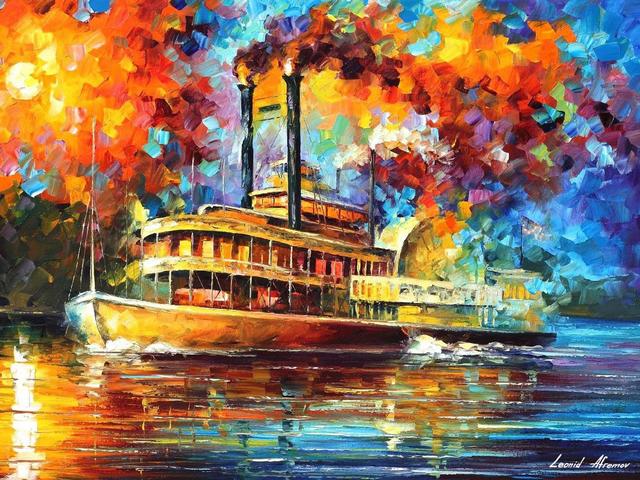 Steamboat by Leonid Afremov - 'Steamboat' is an oil painting on canvas with palette knife, by Leonid Afremov, depicting an old steam ship of the 19th century, floating down the Mississippi river, a major part of the New Orleans landscape.<br />
The artist has managed skillfully to portray a spectacular sight with bright sunshine rays on the smooth waters of the Mississippi, a scenery that can be only created at the sunset sun.<br />
All that is depicted in the painting looks very romantic and amazes with color and mood of that era, even with the two streams of smoke rising from the pipes depicted with surprising accuracy. - , steamboat, steamboats, Leonid, Afremov, art, arts, oil, painting, paintings, canvas, palette, knife, steam, ship, century, Mississippi, river, rivers, major, part, New, Orleans, landscape, landscapes, artist, artists, spectacular, sight, bright, sunshine, rays, ray, smooth, waters, scenery, sunset, sun, romantic, scenery, color, mood, era, streams, smoke, pipes, pipe, accuracy - 'Steamboat' is an oil painting on canvas with palette knife, by Leonid Afremov, depicting an old steam ship of the 19th century, floating down the Mississippi river, a major part of the New Orleans landscape.<br />
The artist has managed skillfully to portray a spectacular sight with bright sunshine rays on the smooth waters of the Mississippi, a scenery that can be only created at the sunset sun.<br />
All that is depicted in the painting looks very romantic and amazes with color and mood of that era, even with the two streams of smoke rising from the pipes depicted with surprising accuracy. Lösen Sie kostenlose Steamboat by Leonid Afremov Online Puzzle Spiele oder senden Sie Steamboat by Leonid Afremov Puzzle Spiel Gruß ecards  from puzzles-games.eu.. Steamboat by Leonid Afremov puzzle, Rätsel, puzzles, Puzzle Spiele, puzzles-games.eu, puzzle games, Online Puzzle Spiele, kostenlose Puzzle Spiele, kostenlose Online Puzzle Spiele, Steamboat by Leonid Afremov kostenlose Puzzle Spiel, Steamboat by Leonid Afremov Online Puzzle Spiel, jigsaw puzzles, Steamboat by Leonid Afremov jigsaw puzzle, jigsaw puzzle games, jigsaw puzzles games, Steamboat by Leonid Afremov Puzzle Spiel ecard, Puzzles Spiele ecards, Steamboat by Leonid Afremov Puzzle Spiel Gruß ecards