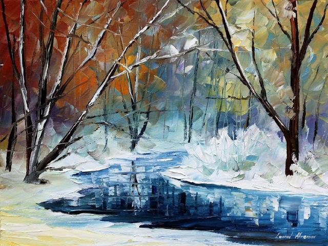 Winter Dream by Leonid Afremov - This unusually beautiful winter landscape 'Winter Dream' (2017)  by the Russian-Israeli modern impressionistic artist Leonid Afremov (1955-2019), was created with oil paint on artistic canvas, using unique technique of a palette knife. <br />
By touching the painting, you can feel the freshness and cleanness of frosty air of the just coming winter. The ground is covered with recently fallen virgin white snow,  the river is still free from ice, the trees in the forest are not yet completely free from their yellow foliages. - , winter, dream, Leonid, Afremov, art, arts, nature, natures, unusually, beautiful, landscape, landscapes, Russian, Israeli, modern, impressionistic, artist, artists, oil, paint, paints, artistic, canvas, unique, technique, palette, knife, painting, paintings, freshness, cleanness, frosty, air, ground, virgin, white, snow, river, rivers, ice, trees, tree, forest, yellow, foliages, foliage - This unusually beautiful winter landscape 'Winter Dream' (2017)  by the Russian-Israeli modern impressionistic artist Leonid Afremov (1955-2019), was created with oil paint on artistic canvas, using unique technique of a palette knife. <br />
By touching the painting, you can feel the freshness and cleanness of frosty air of the just coming winter. The ground is covered with recently fallen virgin white snow,  the river is still free from ice, the trees in the forest are not yet completely free from their yellow foliages. Solve free online Winter Dream by Leonid Afremov puzzle games or send Winter Dream by Leonid Afremov puzzle game greeting ecards  from puzzles-games.eu.. Winter Dream by Leonid Afremov puzzle, puzzles, puzzles games, puzzles-games.eu, puzzle games, online puzzle games, free puzzle games, free online puzzle games, Winter Dream by Leonid Afremov free puzzle game, Winter Dream by Leonid Afremov online puzzle game, jigsaw puzzles, Winter Dream by Leonid Afremov jigsaw puzzle, jigsaw puzzle games, jigsaw puzzles games, Winter Dream by Leonid Afremov puzzle game ecard, puzzles games ecards, Winter Dream by Leonid Afremov puzzle game greeting ecard