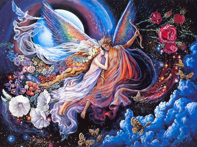 Eros and Psyche by Josephine Wall - 'Eros and Psyche' is an amazing painting by the famous English artist Josephine Wall (born May 1947 in Farnham, Surrey), specialized in mystical, surreal-like and fantasy paintings, which fascinate with mesmerizing details and vibrant colors. <br />
The myth of Eros and Psyche is probably one of the best love stories in classical mythology. <br />
Eros, son of Aphrodite, was the personification of intense love desire, depicted throwing arrows to people in order to make them fall in love. Psyche is a beautiful maiden, who personifies the human soul.<br />
The two lovers are dancing in the moonlight in a world of their own, where the air is filled with love and scent of flowers. - , Eros, Psyche, Josephine, Wall, art, arts, mazing, painting, paintings, famous, English, artist, artist, 1947, Farnham, Surrey, mystical, surreal, fantasy, myth, love, stories, story, classical, mythology, son, sons, Aphrodite, personification, intense, desire, arrows, arrow, people, beautiful, maiden, maidens, human, soul, lovers, lover, moonlight, world, air, scent, flowers, flower - 'Eros and Psyche' is an amazing painting by the famous English artist Josephine Wall (born May 1947 in Farnham, Surrey), specialized in mystical, surreal-like and fantasy paintings, which fascinate with mesmerizing details and vibrant colors. <br />
The myth of Eros and Psyche is probably one of the best love stories in classical mythology. <br />
Eros, son of Aphrodite, was the personification of intense love desire, depicted throwing arrows to people in order to make them fall in love. Psyche is a beautiful maiden, who personifies the human soul.<br />
The two lovers are dancing in the moonlight in a world of their own, where the air is filled with love and scent of flowers. Resuelve rompecabezas en línea gratis Eros and Psyche by Josephine Wall juegos puzzle o enviar Eros and Psyche by Josephine Wall juego de puzzle tarjetas electrónicas de felicitación  de puzzles-games.eu.. Eros and Psyche by Josephine Wall puzzle, puzzles, rompecabezas juegos, puzzles-games.eu, juegos de puzzle, juegos en línea del rompecabezas, juegos gratis puzzle, juegos en línea gratis rompecabezas, Eros and Psyche by Josephine Wall juego de puzzle gratuito, Eros and Psyche by Josephine Wall juego de rompecabezas en línea, jigsaw puzzles, Eros and Psyche by Josephine Wall jigsaw puzzle, jigsaw puzzle games, jigsaw puzzles games, Eros and Psyche by Josephine Wall rompecabezas de juego tarjeta electrónica, juegos de puzzles tarjetas electrónicas, Eros and Psyche by Josephine Wall puzzle tarjeta electrónica de felicitación