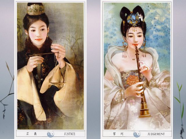 Der-Jen China Tarot Justice and Judgement - Magnificent illustrations for a 'Justice' card with a lady, who is holding scales and a of the 'Judgement' with an elegant lady playing a flute, from the beautiful tarot deck, known as 'Der-Jen China Tarot' or 'Classic Chinese Ladies Tarot', painted by Taiwanese artist Der Jen (Dezhen). - , Der, Jen, China, tarot, justice, justices, judgement, judgements, art, arts, magnificent, illustrations, illustration, card, cards, lady, ladies, scales, scale, elegant, flute, flutes, beautiful, deck, decks, classic, Taiwanese, artist, artists, Dezhen - Magnificent illustrations for a 'Justice' card with a lady, who is holding scales and a of the 'Judgement' with an elegant lady playing a flute, from the beautiful tarot deck, known as 'Der-Jen China Tarot' or 'Classic Chinese Ladies Tarot', painted by Taiwanese artist Der Jen (Dezhen). Подреждайте безплатни онлайн Der-Jen China Tarot Justice and Judgement пъзел игри или изпратете Der-Jen China Tarot Justice and Judgement пъзел игра поздравителна картичка  от puzzles-games.eu.. Der-Jen China Tarot Justice and Judgement пъзел, пъзели, пъзели игри, puzzles-games.eu, пъзел игри, online пъзел игри, free пъзел игри, free online пъзел игри, Der-Jen China Tarot Justice and Judgement free пъзел игра, Der-Jen China Tarot Justice and Judgement online пъзел игра, jigsaw puzzles, Der-Jen China Tarot Justice and Judgement jigsaw puzzle, jigsaw puzzle games, jigsaw puzzles games, Der-Jen China Tarot Justice and Judgement пъзел игра картичка, пъзели игри картички, Der-Jen China Tarot Justice and Judgement пъзел игра поздравителна картичка