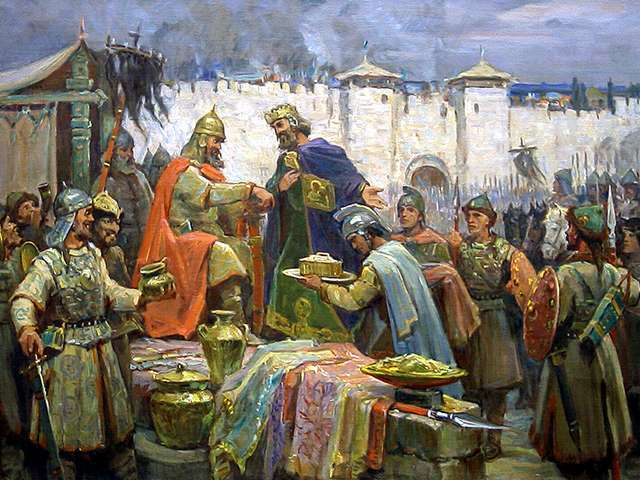 Khan Tervel and Justinian by Dimitar Gyudjenov - Famous painting by Dimitar Gyudjenov (1891-1979), 'Khan Tervel and Justinian' (1960, oil on canvas, Presidency of the Republic of Bulgaria), which depicts the Bulgarian ruler in 705, in front of the walls of Constantinople, who receives expensive gifts, after has helped the Byzantine emperor Justinian II to regain the throne,  without any battles. - , Khan, khans, Tervel, Justinian, Dimitar, Gyudjenov, art, arts, place, places, travel, travels, tour, tours, trip, trips, famous, painting, paintings, 1891, 1979, 1980, oil, canvas, canvases, Presidency, Republic, Bulgaria, Bulgarian, ruler, rulers, 705, walls, wall, Constantinople, expensive, gifts, gift, Byzantine, emperor, emperors, throne, thrones, battles, battle - Famous painting by Dimitar Gyudjenov (1891-1979), 'Khan Tervel and Justinian' (1960, oil on canvas, Presidency of the Republic of Bulgaria), which depicts the Bulgarian ruler in 705, in front of the walls of Constantinople, who receives expensive gifts, after has helped the Byzantine emperor Justinian II to regain the throne,  without any battles. Solve free online Khan Tervel and Justinian by Dimitar Gyudjenov puzzle games or send Khan Tervel and Justinian by Dimitar Gyudjenov puzzle game greeting ecards  from puzzles-games.eu.. Khan Tervel and Justinian by Dimitar Gyudjenov puzzle, puzzles, puzzles games, puzzles-games.eu, puzzle games, online puzzle games, free puzzle games, free online puzzle games, Khan Tervel and Justinian by Dimitar Gyudjenov free puzzle game, Khan Tervel and Justinian by Dimitar Gyudjenov online puzzle game, jigsaw puzzles, Khan Tervel and Justinian by Dimitar Gyudjenov jigsaw puzzle, jigsaw puzzle games, jigsaw puzzles games, Khan Tervel and Justinian by Dimitar Gyudjenov puzzle game ecard, puzzles games ecards, Khan Tervel and Justinian by Dimitar Gyudjenov puzzle game greeting ecard