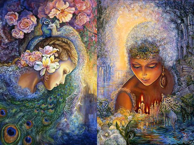 Peacock Daze and Dandelion Diva by Josephine Wall - 'Peacock Daze' by the English fantasy painter Josephine Wall, depicts a beautiful girl sunk in a doze, who under the influence of scent of fragrant roses in the garden is transported into a world of dreams and fleeting moments of joy, among gorgeous peacocks and exotic flowers.<br />
In 'Dandelion Diva', Josephine Wall depicts the pre-Christian deity Hecate, an oracle goddess (Goddess of darkness). The dandelion is a weed, used for increasing psychic ability and intuition and is associated with the prediction and prophecy, the underworld and necromancy, for communication with world of the dead or summoning of the spirits.<br />
On the other hand, with its fluffy seeds as little fairies that may carry wishes, easily carried away by the winds or just with the faintest of breezes, the dandelion has spread across the world, as symbol of positivity, progress and survival, faithfulness, happiness and desire.<br />
According to legend, if you can blow all the seeds of dandelion simultaneously, you are loved with passionate love. - , peacock, peacocks, daze, dandelion, dandelions, diva, Josephine, Wall, art, arts, English, fantasy, painter, painters, beautiful, girl, girls, doze, influence, scent, fragrant, roses, rose, garden, world, dreams, dream, fleeting, moments, moment, joy, gorgeous, exotic, flowers, flower, pre-Christian, deity, Hecate, oracle, goddess, goddesses, darkness, weed, weeds, psychic, ability, intuition, prediction, prophecy, underworld, necromancy, communication, dead, summoning, spirits, spirit, fluffy, seeds, seed, fairies, fairy, wishes, wish, winds, wind, faintest, breezes, breeze, symbol, positivity, progress, survival, faithfulness, happiness, desire, legend, simultaneously, passionate, love - 'Peacock Daze' by the English fantasy painter Josephine Wall, depicts a beautiful girl sunk in a doze, who under the influence of scent of fragrant roses in the garden is transported into a world of dreams and fleeting moments of joy, among gorgeous peacocks and exotic flowers.<br />
In 'Dandelion Diva', Josephine Wall depicts the pre-Christian deity Hecate, an oracle goddess (Goddess of darkness). The dandelion is a weed, used for increasing psychic ability and intuition and is associated with the prediction and prophecy, the underworld and necromancy, for communication with world of the dead or summoning of the spirits.<br />
On the other hand, with its fluffy seeds as little fairies that may carry wishes, easily carried away by the winds or just with the faintest of breezes, the dandelion has spread across the world, as symbol of positivity, progress and survival, faithfulness, happiness and desire.<br />
According to legend, if you can blow all the seeds of dandelion simultaneously, you are loved with passionate love. Resuelve rompecabezas en línea gratis Peacock Daze and Dandelion Diva by Josephine Wall juegos puzzle o enviar Peacock Daze and Dandelion Diva by Josephine Wall juego de puzzle tarjetas electrónicas de felicitación  de puzzles-games.eu.. Peacock Daze and Dandelion Diva by Josephine Wall puzzle, puzzles, rompecabezas juegos, puzzles-games.eu, juegos de puzzle, juegos en línea del rompecabezas, juegos gratis puzzle, juegos en línea gratis rompecabezas, Peacock Daze and Dandelion Diva by Josephine Wall juego de puzzle gratuito, Peacock Daze and Dandelion Diva by Josephine Wall juego de rompecabezas en línea, jigsaw puzzles, Peacock Daze and Dandelion Diva by Josephine Wall jigsaw puzzle, jigsaw puzzle games, jigsaw puzzles games, Peacock Daze and Dandelion Diva by Josephine Wall rompecabezas de juego tarjeta electrónica, juegos de puzzles tarjetas electrónicas, Peacock Daze and Dandelion Diva by Josephine Wall puzzle tarjeta electrónica de felicitación
